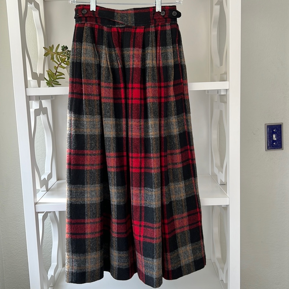 Vintage 80's Ralph Lauren Blue Label Wool Plaid Lined Midi Skirt Black Red Sz 4